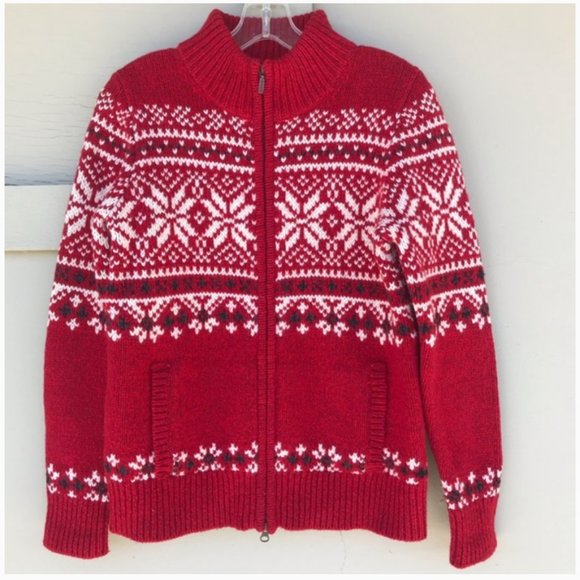 Vintage LL Bean Red 100% Lambswool Sweater Zip Fair Isle Sz Small - Picture 1 of 8